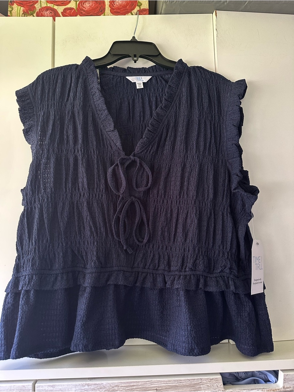 💙 NWT Time & Tru XXXL 22 Textured Tie Front Ruffle Sleeve Peplum Top